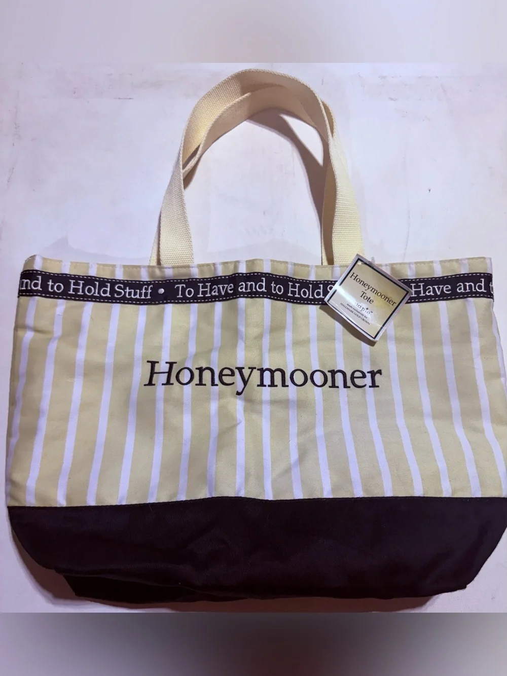 #NWT Mud Pie Honeymooner Yellow and White Stripe Tote with Black Base